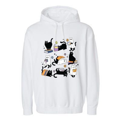 Cute Ghost Black Cat Reading Books Spooky Halloween Bookish Garment-Dyed Fleece Hoodie