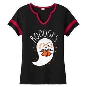 Cute Ghost Book Reading Halloween Teacher Top Ladies Halftime Notch Neck Tee