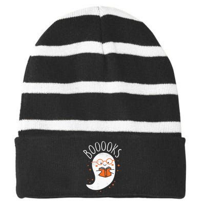 Cute Ghost Book Reading Halloween Teacher Top Striped Beanie with Solid Band