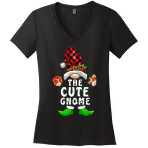 Cute Gnome Buffalo Plaid Matching Family Christmas Pajama Women's V-Neck T-Shirt