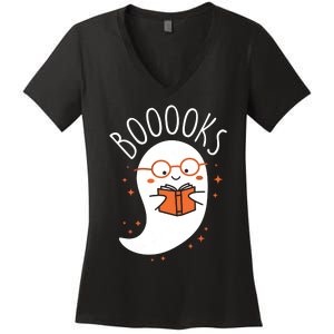 Cute Ghost Book Reading Halloween Teacher Top Long Sleeve Women's V-Neck T-Shirt