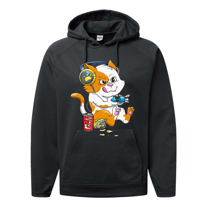 Cat Gaming Cat Lover Kawaii Video Games Gamer Performance Fleece Hoodie