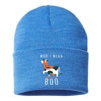 Cute Ghost Cow Moo I Mean Boo Halloween Funny Cow Lover Gift Sustainable Knit Beanie