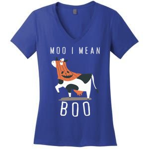 Cute Ghost Cow Moo I Mean Boo Halloween Funny Cow Lover Gift Women's V-Neck T-Shirt