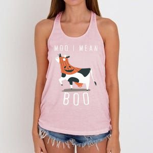 Cute Ghost Cow Moo I Mean Boo Halloween Funny Cow Lover Gift Women's Knotted Racerback Tank