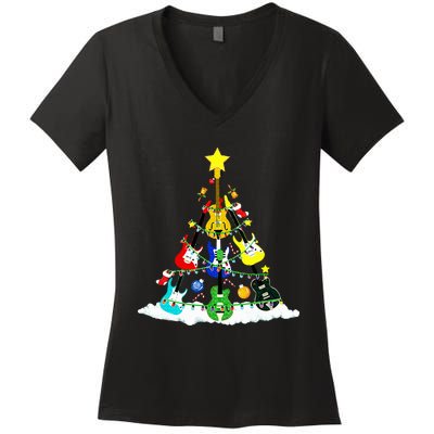 Cute Guitar Christmas Tree Music Stocking Stuffer Women's V-Neck T-Shirt