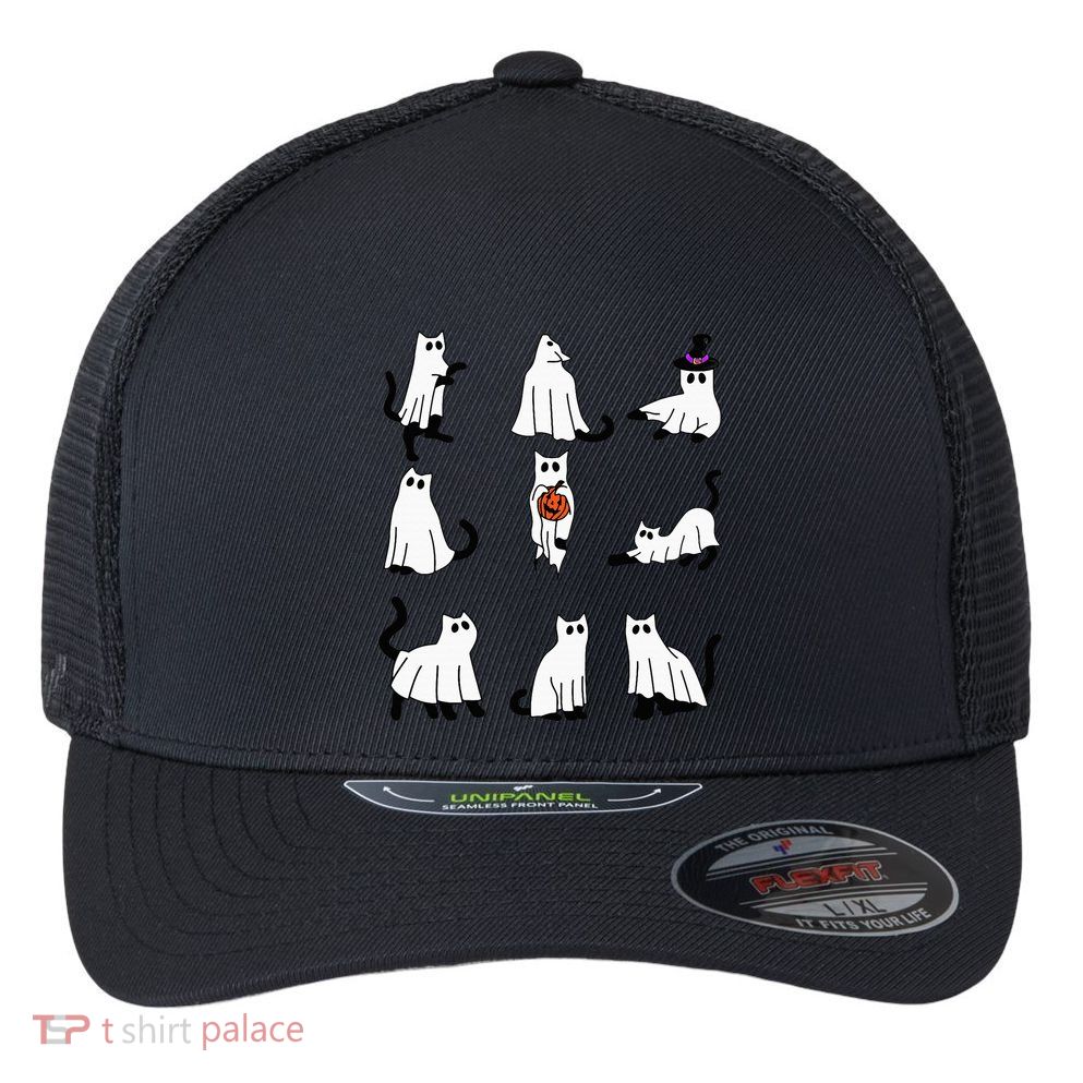 Cute Ghost Cat Funny Halloween Outfit Costumes Black Cat Flexfit Unipanel Trucker Cap