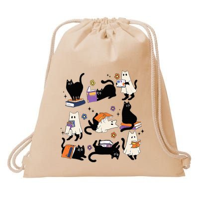 Cute Ghost Cat Reading Books Lover Bookish Halloween Spooky Drawstring Bag