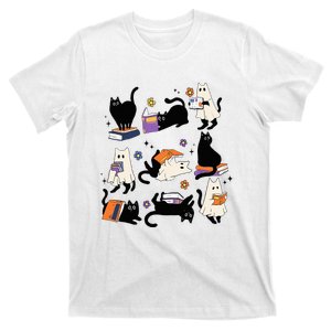 Cute Ghost Cat Reading Books Lover Bookish Halloween Spooky T-Shirt