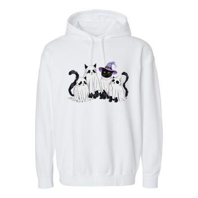 Cute Ghost Cats Halloween Outfit Costumes Black Cats Funny Garment-Dyed Fleece Hoodie