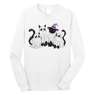 Cute Ghost Cats Halloween Outfit Costumes Black Cats Funny Long Sleeve Shirt