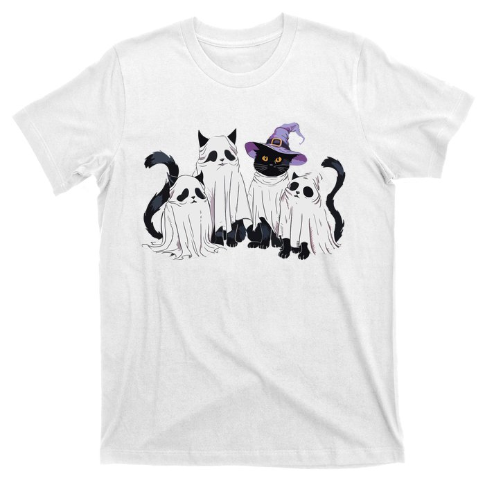 Cute Ghost Cats Halloween Outfit Costumes Black Cats Funny T-Shirt