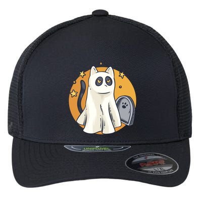 Cute Ghost Cat Funny Halloween Outfit Costumes Black Cat Flexfit Unipanel Trucker Cap