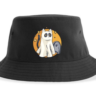 Cute Ghost Cat Funny Halloween Outfit Costumes Black Cat Sustainable Bucket Hat