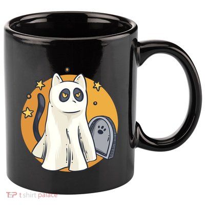 Cute Ghost Cat Funny Halloween Outfit Costumes Black Cat 11oz C Handle Ceramic Mug