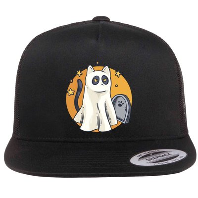 Cute Ghost Cat Funny Halloween Outfit Costumes Black Cat Flatbill Hat