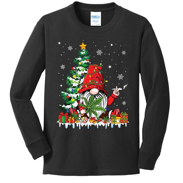 Cute Gnome Christmas Lights Funny Xmas Cannabis Marijuana Kids Long Sleeve Shirt