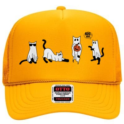 Cute Ghost Cat Funny Halloween Outfit Costumes Ghost High Crown Mesh Back Trucker Hat