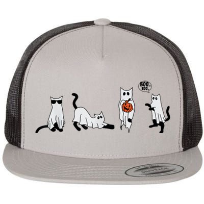 Cute Ghost Cat Funny Halloween Outfit Costumes Ghost Flat Bill Trucker Hat