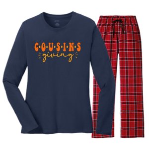 Cousins Giving Cute Turkey Cousin Crew Thanksgiving Family Women's Long Sleeve Flannel Pajama Set 