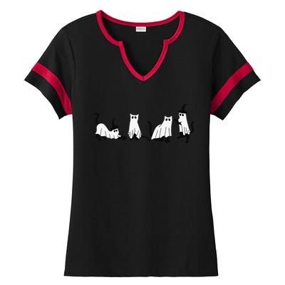 Cute Ghost Cats Funny Halloween Black Cats Ladies Halftime Notch Neck Tee