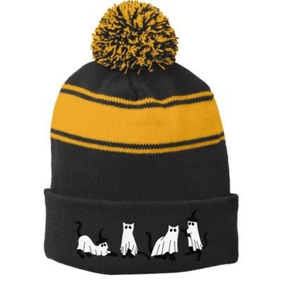 Cute Ghost Cats Funny Halloween Black Cats Stripe Pom Pom Beanie