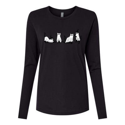 Cute Ghost Cats Funny Halloween Black Cats Womens Cotton Relaxed Long Sleeve T-Shirt