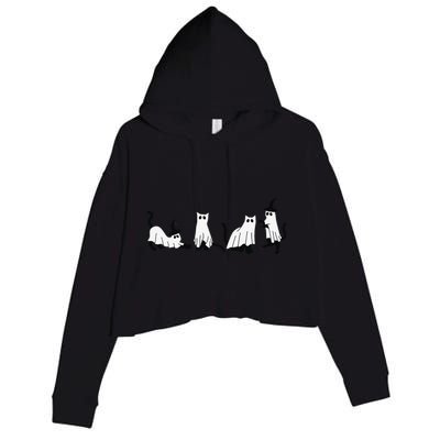 Cute Ghost Cats Funny Halloween Black Cats Crop Fleece Hoodie