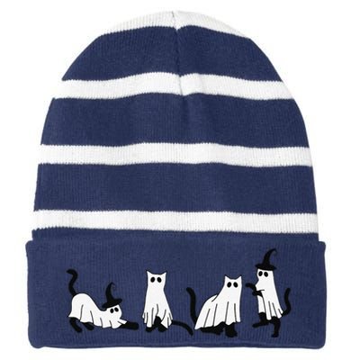 Cute Ghost Cats Funny Halloween Black Cats Striped Beanie with Solid Band