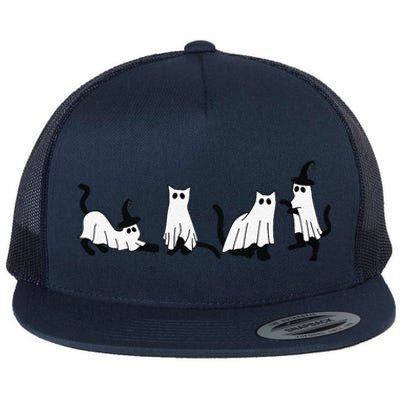 Cute Ghost Cats Funny Halloween Black Cats Flat Bill Trucker Hat