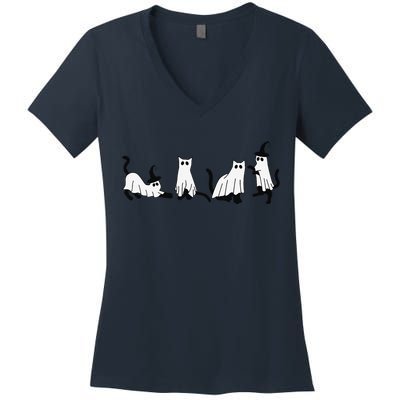 Cute Ghost Cats Funny Halloween Black Cats Women's V-Neck T-Shirt