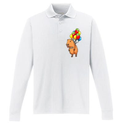 Capybara Giant Cavy Rodent With Balloons Capybara Performance Long Sleeve Polo