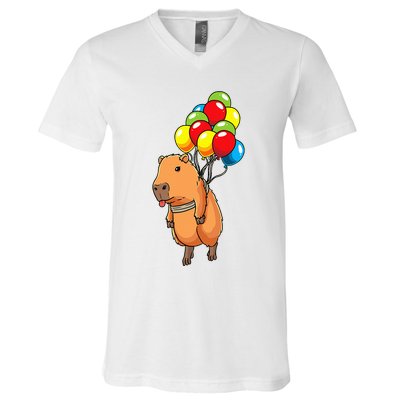 Capybara Giant Cavy Rodent With Balloons Capybara V-Neck T-Shirt