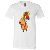 Capybara Giant Cavy Rodent With Balloons Capybara V-Neck T-Shirt