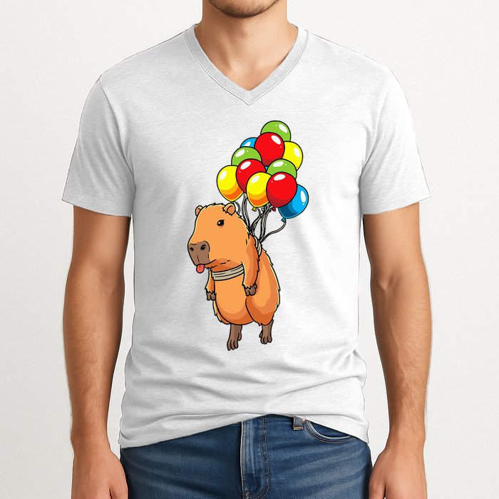 Capybara Giant Cavy Rodent With Balloons Capybara V-Neck T-Shirt