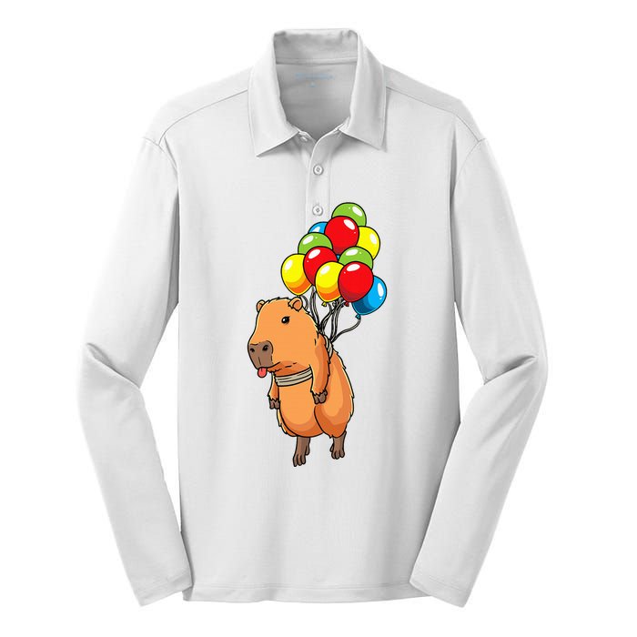 Capybara Giant Cavy Rodent With Balloons Capybara Silk Touch Performance Long Sleeve Polo