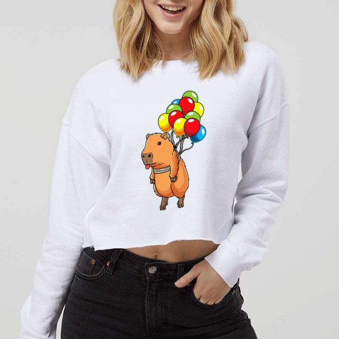 Capybara Giant Cavy Rodent With Balloons Capybara Cropped Pullover Crew
