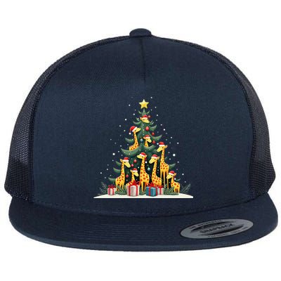 Cute Giraffe Christmas Tree Giraffe Lovers Xmas Holiday Flat Bill Trucker Hat