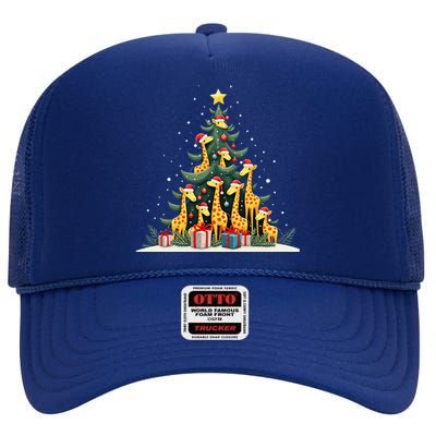 Cute Giraffe Christmas Tree Giraffe Lovers Xmas Holiday High Crown Mesh Back Trucker Hat