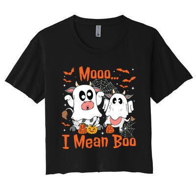 Cute Ghost Cow Moo I Mean Boo Halloween Funny Cow Lover Women's Crop Top Tee