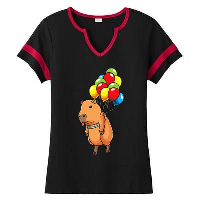 Capybara Giant Cavy Rodent With Balloons Capybara Ladies Halftime Notch Neck Tee