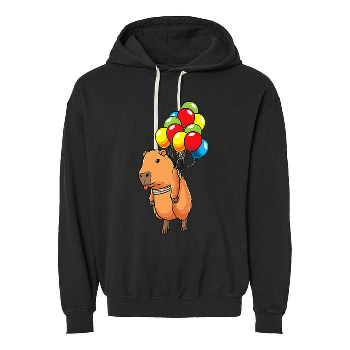Capybara Giant Cavy Rodent With Balloons Capybara Garment-Dyed Fleece Hoodie