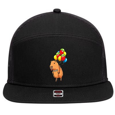 Capybara Giant Cavy Rodent With Balloons Capybara 7 Panel Mesh Trucker Snapback Hat