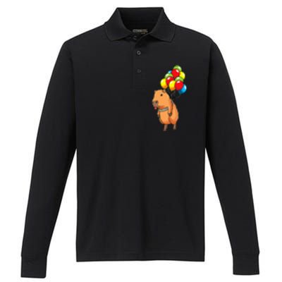 Capybara Giant Cavy Rodent With Balloons Capybara Performance Long Sleeve Polo