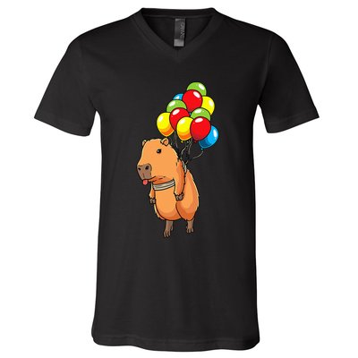 Capybara Giant Cavy Rodent With Balloons Capybara V-Neck T-Shirt