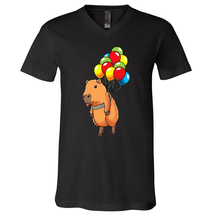 Capybara Giant Cavy Rodent With Balloons Capybara V-Neck T-Shirt