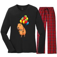 Capybara Giant Cavy Rodent With Balloons Capybara Women's Long Sleeve Flannel Pajama Set 