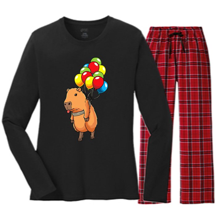 Capybara Giant Cavy Rodent With Balloons Capybara Women's Long Sleeve Flannel Pajama Set 