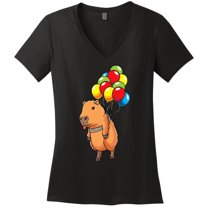 Capybara Giant Cavy Rodent With Balloons Capybara Women's V-Neck T-Shirt