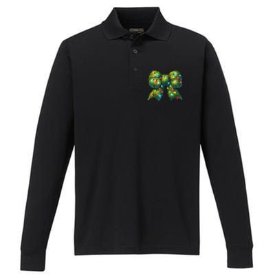 Christmas Green Coquette Bow Lights Christmas Coquette Bow Performance Long Sleeve Polo